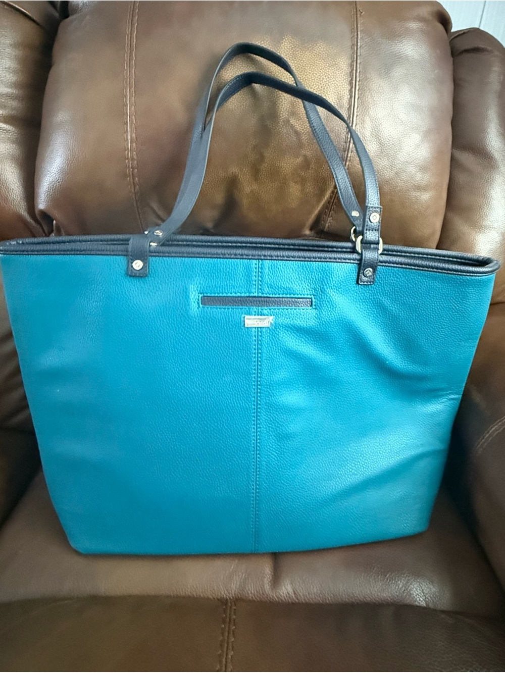 Thirty-One Vibrant Teal Blue Pebbled Faux Leather Large Tote